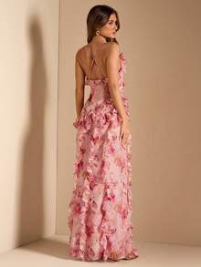 SHEIN BAE Vestido de sirena con cuello en V de jacquard floral, volantes en el bajo, vestido floral, vestido de cita, vestido de boda, primavera/verano - Rosa - Ver 2