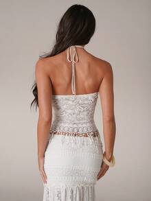 SHEIN BAE 女士休闲度假蕾丝露背流苏吊带背心，适合休闲度假、海滩度假、朋友聚会、周末休闲、Y2K 风格、音乐节等场合。蕾丝吊带背心，白色吊带背心，白色蕾丝吊带背心，海滩度假 - 白色 - 查看 7