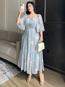 Dazy Plus Gaun Bordir Bunga Elegan Ukuran Plus, Gaun Musim Panas untuk Wanita - Baby Blue - View 4