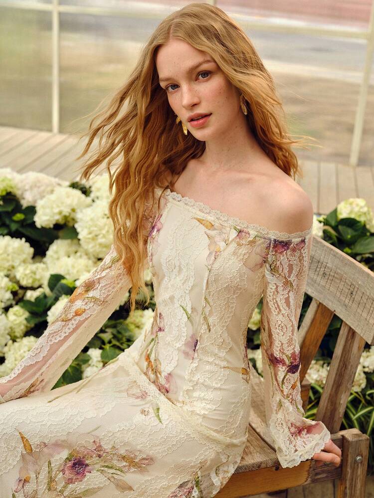 WOMEN'S ROMANTIC LACE FLORAL OFF THE SHOULDER ELEGANT DRESS, SPRING/SUMMER