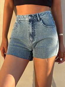 DAZY 女士休闲水洗毛边修身牛仔短裤，夏季 - 中等水洗藍 - 查看 6