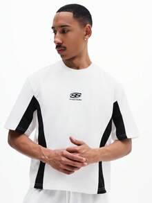 SUMWON 男士撞色短袖圆领T恤，侧边拼接撞色设计，饰有品牌标志，常规版型，休闲夏季T恤 - 黑與白 - 查看 4