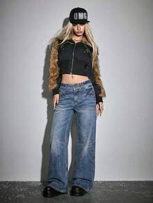 ROMWE J-Fashion 秋冬新款中国风虎头艺伎图案英文刺绣低腰复古女式牛仔裤 - 藍色 - 查看 9