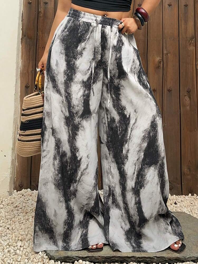 Dazy Plus Plus Size Tie-Dye Print Wide Leg Casual Pants Summer Vacation Outfits Women