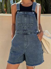 DAZY Women's Summer Casual Slant Pocket Frayed Denim Bib Pants - Blue - View 5