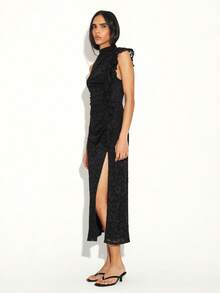 KSTM Vestido largo elegante de encaje negro con fruncido lateral y abertura alta para ocasiones especiales de noche - Negro - Ver 3