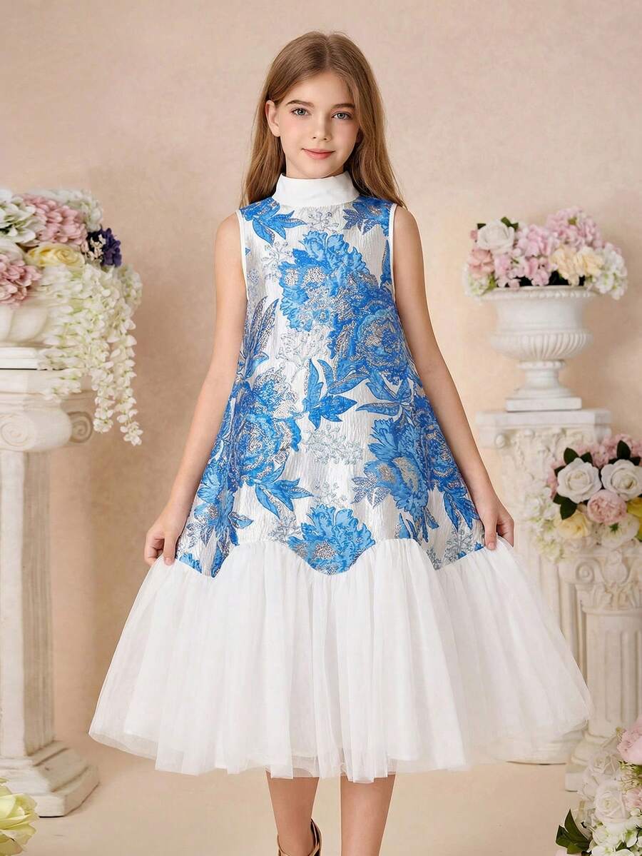 Pitira Kids Tween Girl Blue Woven Textured Floral Jacquard Elegant Layered Mesh Hem Sleeveless A-Line Dress, Blue Kids Formal Dress Blue Flower Girl Dresses Tween Girl Party Dress Blue And White Girls Dress Tween Blue And White Dress Blue Flower Girls Dress,Kids - Blue and White - View 1