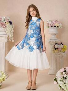 Pitira Kids Tween Girl Blue Woven Textured Floral Jacquard Elegant Layered Mesh Hem Sleeveless A-Line Dress, Blue Kids Formal Dress Blue Flower Girl Dresses Tween Girl Party Dress Blue And White Girls Dress Tween Blue And White Dress Blue Flower Girls Dress,Kids - Blue and White - View 6