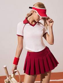 Gameset SHEIN Sport 女士撞色短袖休闲运动Polo衫网球衫女士健身上衣网球衫女士高尔夫上衣女士网球衫球场上衣可爱网球服女士高尔夫上衣Polo衫女士夏季上衣女士高尔夫套装高尔夫T恤女士运动衫 - 白色 - 查看 5