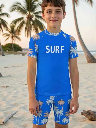Moda informal para niño preadolescente, estilo cool, estilo de vacaciones, ropa deportiva, estampado botánico, surf, árbol de coco, azul océano, conjunto de short y camiseta de cuello redondo, adecuado para el verano