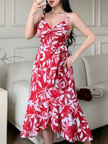 Celisse 女士优雅植物印花裹身连衣裙，夏季 - 紅色 - 查看 4