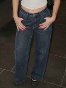 Turnttoni 高腰口袋直筒宽松休闲牛仔裤 - 藍色 - 查看 3