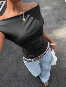 Muchica Black Knit Off Shoulder Women T-Shirt - Black - View 1