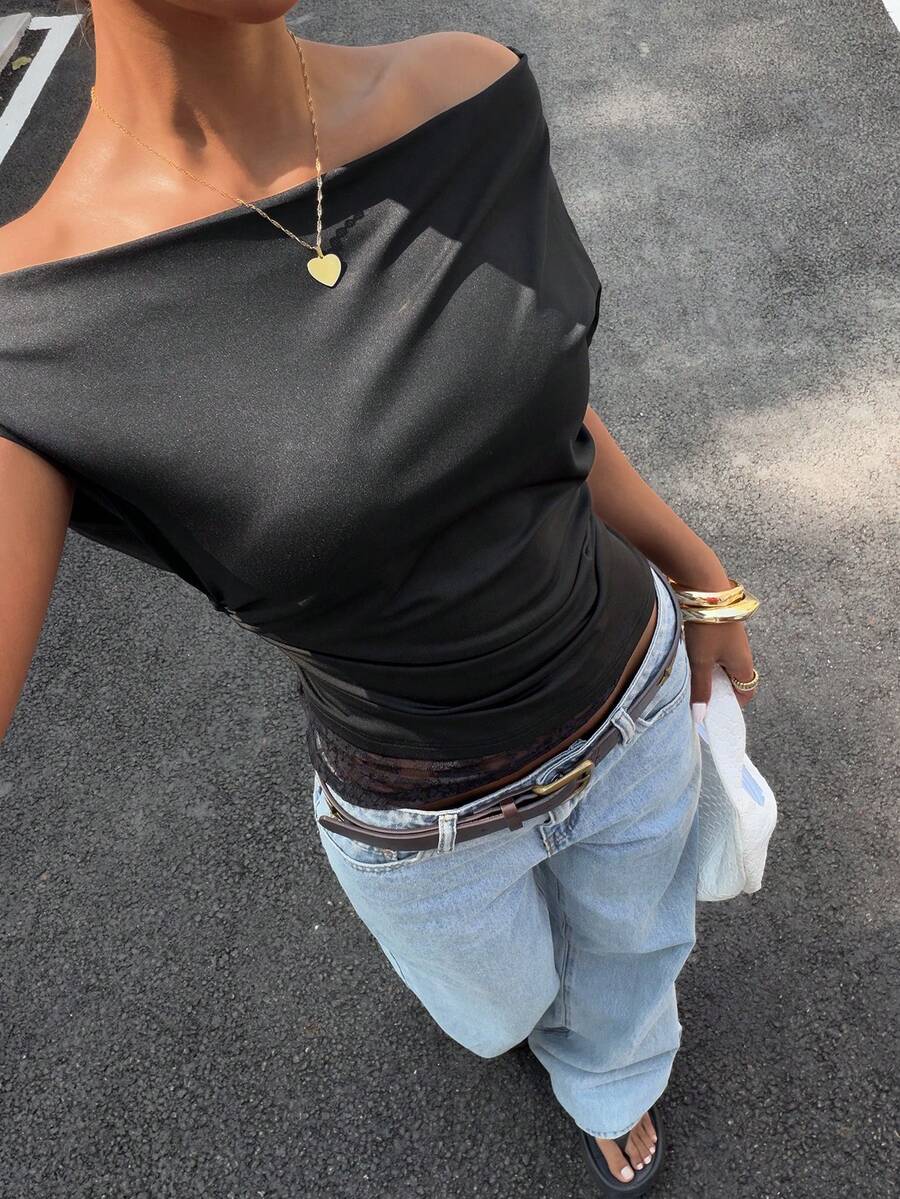 Muchica Black Knit Off Shoulder Women T-Shirt - Black - View 1