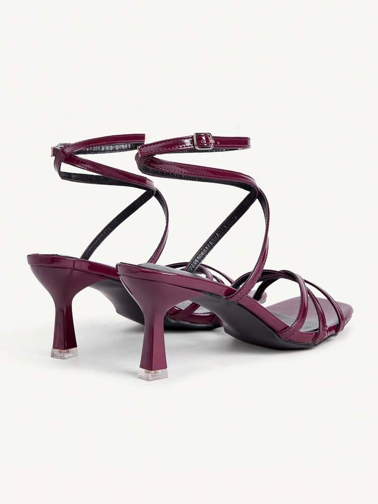 CUCCOO CHICEST Wine Red Thin Strap Criss-Cross Square Toe Patent Leather Stiletto High Heel Party Shoes For Women Wedding Shoes Spring Shoes Bride Shoes