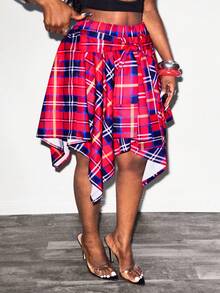 Glyssa Women's Casual Vintage Red & Black Plaid Lace-Up Asymmetrical Hem Fitted Skirt, Spring/Summer - Multicolor - View 4