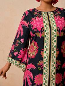 Travachic 大码女式紫红色和绿色热带花卉印花连衣裙，中长袖连衣裙，适合秋冬季节，宽松圆领短款连衣裙，露背系带连衣裙，罩衫连衣裙 - 黑色 - 查看 6