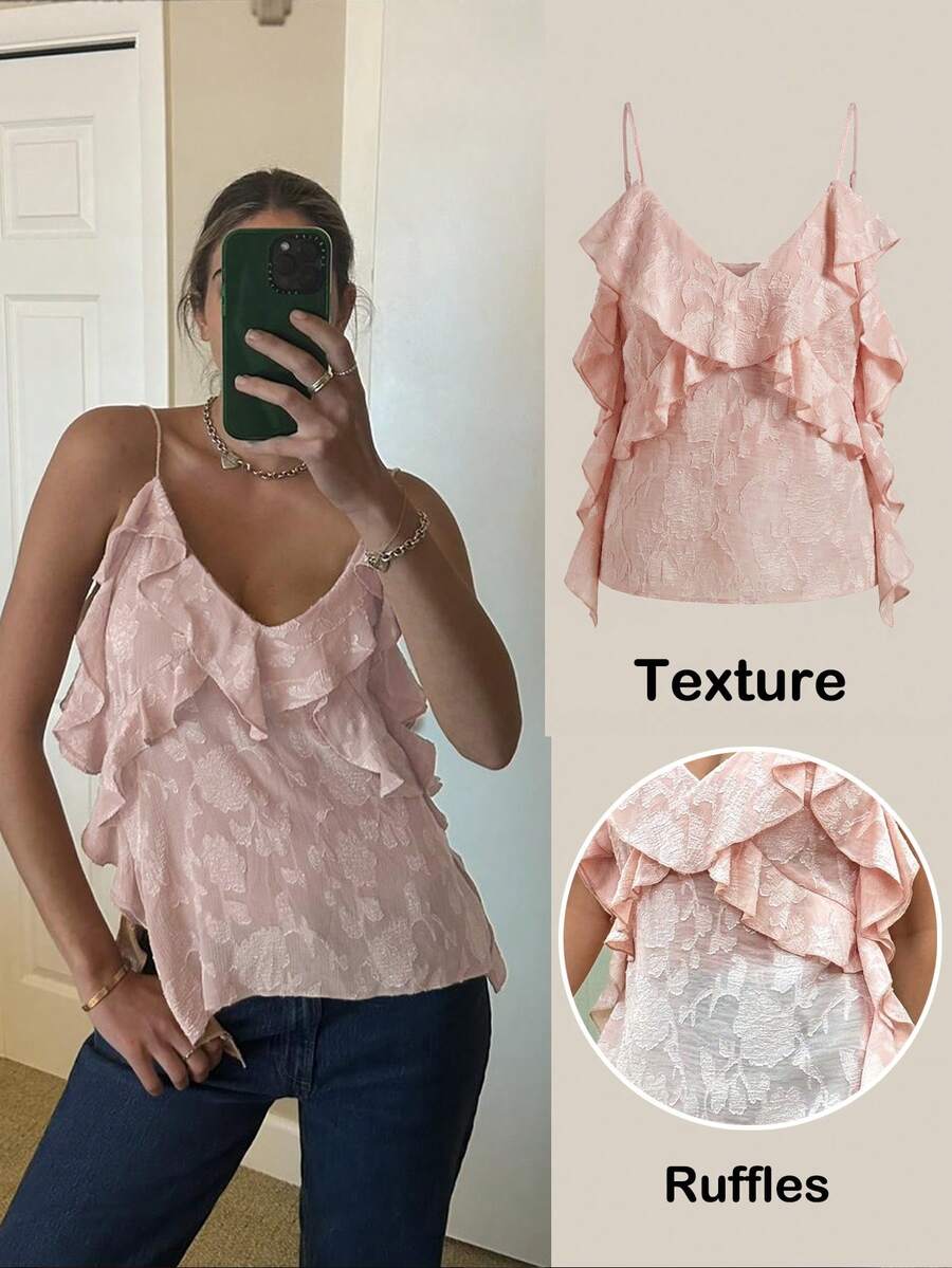 Serisse Women's Elegant Dusty Pink Summer Textured Ruffle Strap Camisole Top,French Lace V-Neck Asymmetric Top,Casual Y2K Dining Beach Party Top - Dusty Pink - View 1