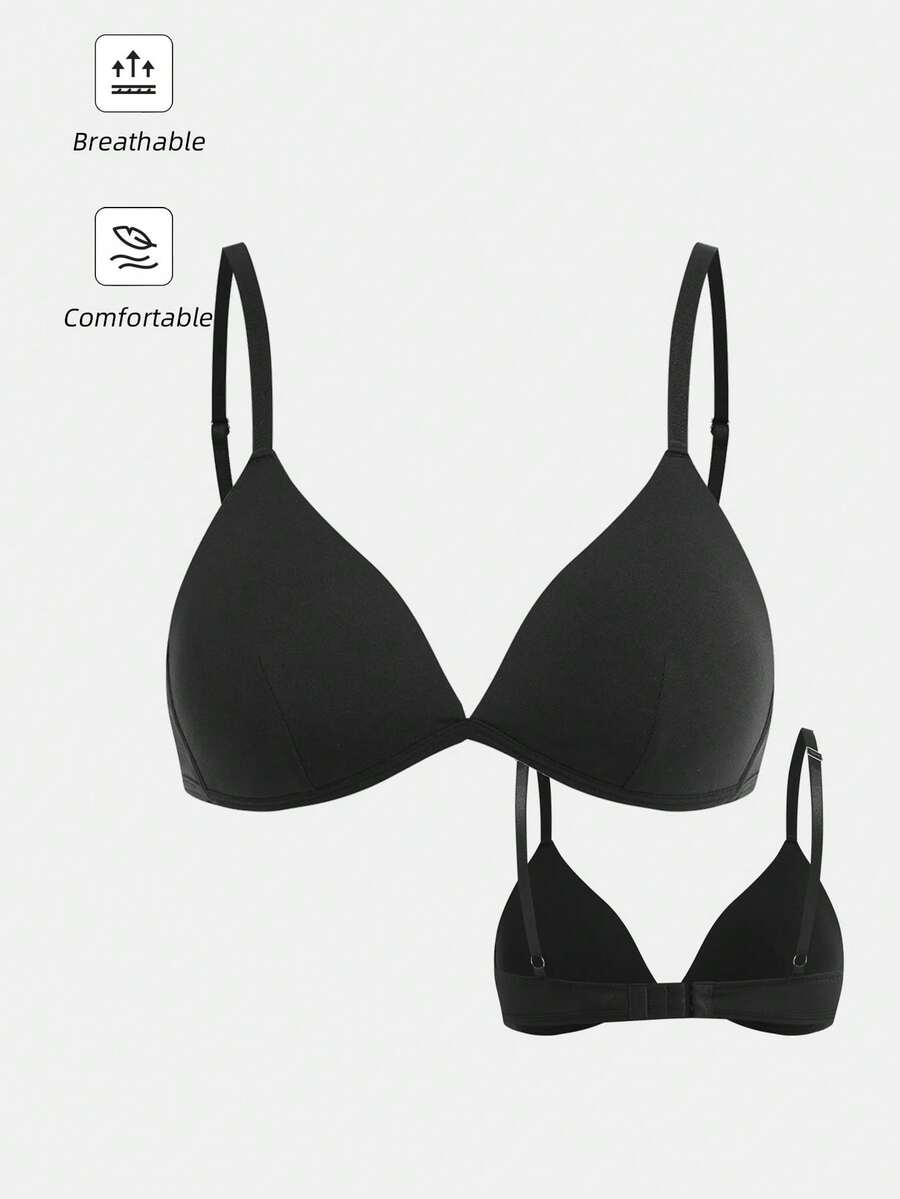 SHEIN Girlism Teen Girls' French Minimalist V-Neck Padded Adjustable Straps Push Up Underwire Bra - Black - View 1