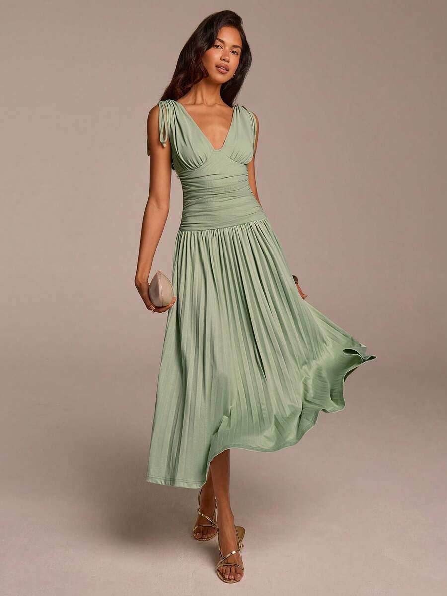 COSMINA 女士褶皱V领抽绳腰连衣裙，绿色，休闲优雅纯色复古风网纱面料连衣裙 - 綠色 - 查看 1