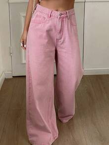 Livesso Women's Casual Vacation Business Casual Style Solid Color Denim Jeans, Summer - Pink - View 6