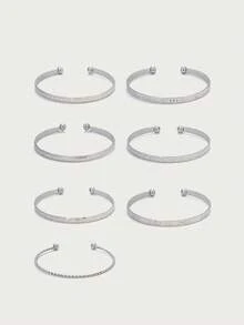 Glisma 7pcs Star & Heart Pattern Open Bangle Bracelet Set For Women, Geometric Multi-Element Design, Suitable For Daily Wear, Vacation, And Stylish Gifts - Silver - View 1