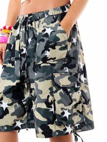 SUMWON WOMEN Pantalones cortos de cargo con estampado de camuflaje, patrón de estrellas y bolsillos laterales, cintura con cordón, estilo militar tipo combate, longitud bermuda, casuales de verano para mujer - Multicolor - Ver 6