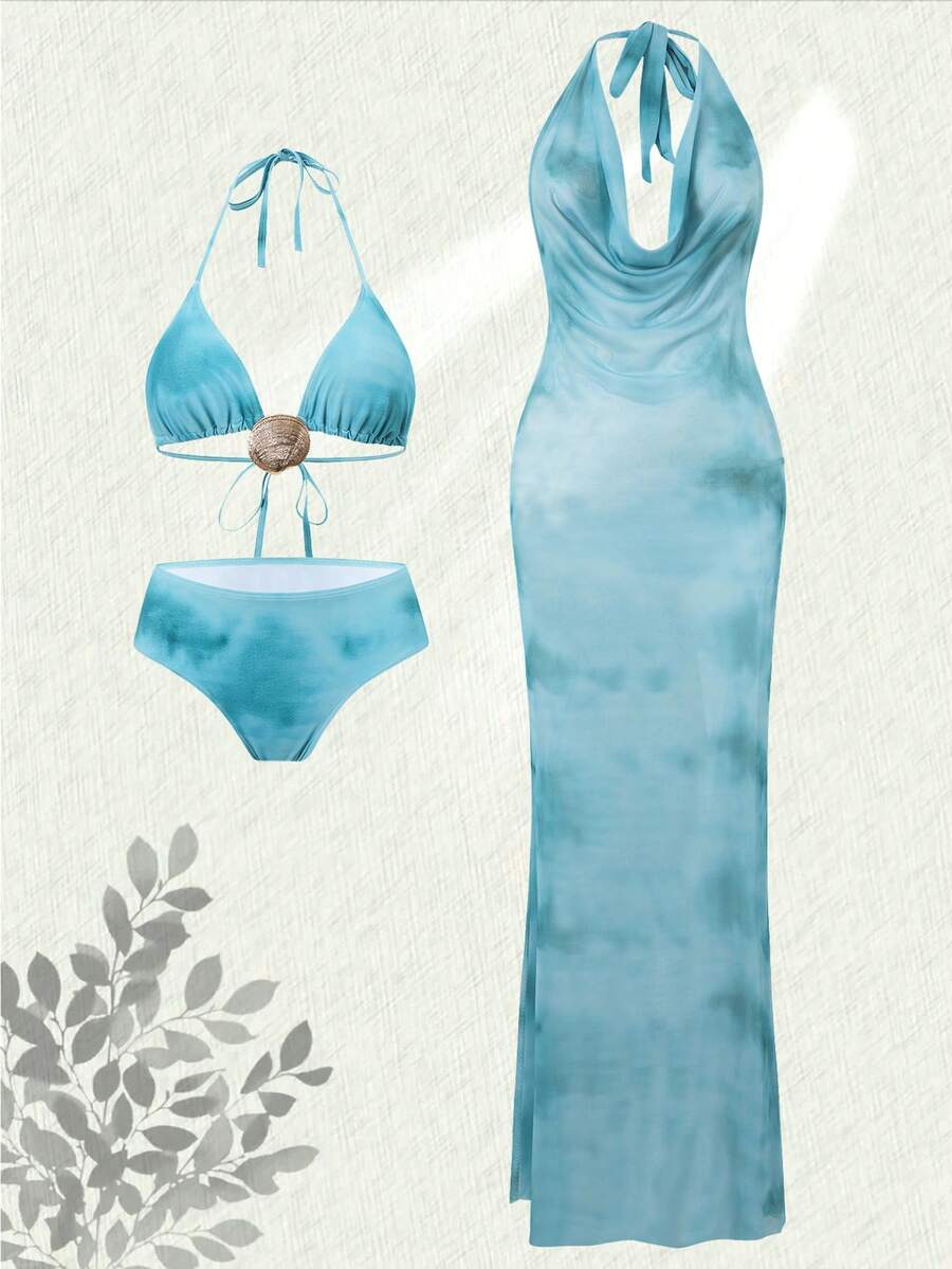 SHEIN Swim Oasis Bộ đồ bơi 3 món cỡ lớn dành cho nữ, thiết kế tối giản, phù hợp mặc hàng ngày và đi nghỉ mát mùa hè. - Màu xanh lam - Xem 1