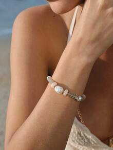 Opalesca 18K Gold Plated Irregular Pearl Beaded Ocean Wind Bracelet - Blue - View 5