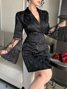 DAZY 女士花卉提花翻领双排扣撞色蕾丝喇叭袖优雅连衣裙 - 黑色 - 查看 5