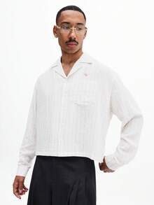 SUMWON Men's Long Sleeve Crop Fit Striped Button Up Shirt With Open Collar For Spring Summer Casual Wear - Black and White - View 4