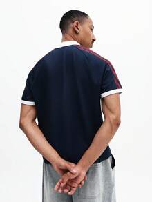 SUMWON Men's Slim Fit Navy Polo Shirt With France 98 Chest Print And Striped Sleeve Detail Casual Short Sleeve Collared Top - Blue - View 2