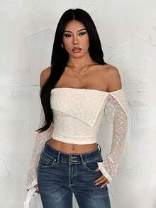 SHEIN PETITE Áo nữ thời trang thu đông, chất liệu vải có họa tiết, kiểu trễ vai, xếp ly, tay dài, màu trắng, trang phục ấm áp cho mùa thu đông. - Màu be - Xem 9