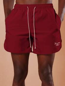 SUMWON Shorts de playa burdeos para hombres con cordón, ajuste regular, bajo curvo, traje de baño para vacaciones de verano - Rojo - Ver 7