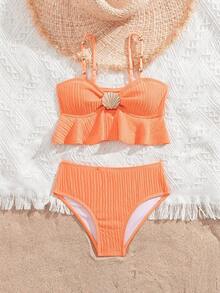 SHEIN 2件套可爱纯色女童泳衣，适合海滩、度假 - 橘色 - 查看 3