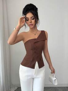 Elenzga 女士优雅精致不对称设计棕色修身露肩休闲上衣，适合日常穿着和约会。 - 棕色 - 查看 5