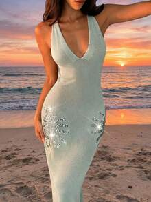 Aloruh 女士春夏新款针织连衣裙，纯薄荷绿连衣裙，亮片刺绣优雅度假连衣裙，性感深V露背连衣裙 - 薄荷綠 - 查看 2