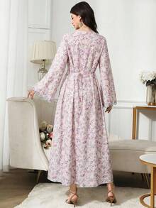 Yasmyna Đầm tay xòe in hoa thanh lịch với viền ren - Hồng - Xem 2
