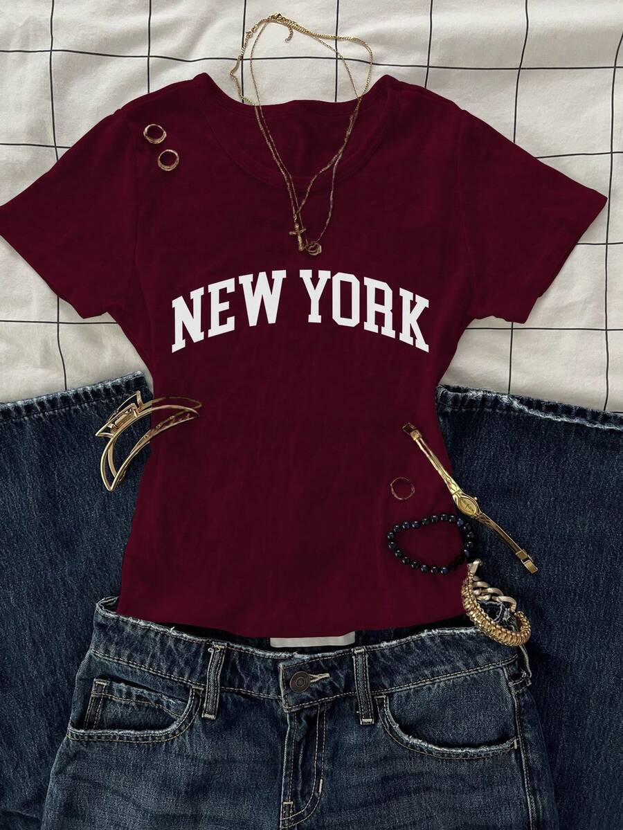 Glimmora Áo thun ngắn tay cổ tròn in chữ, kiểu dáng thường ngày, đa năng, thích hợp cho mùa hè. - Màu Đỏ Sâu - Xem 1