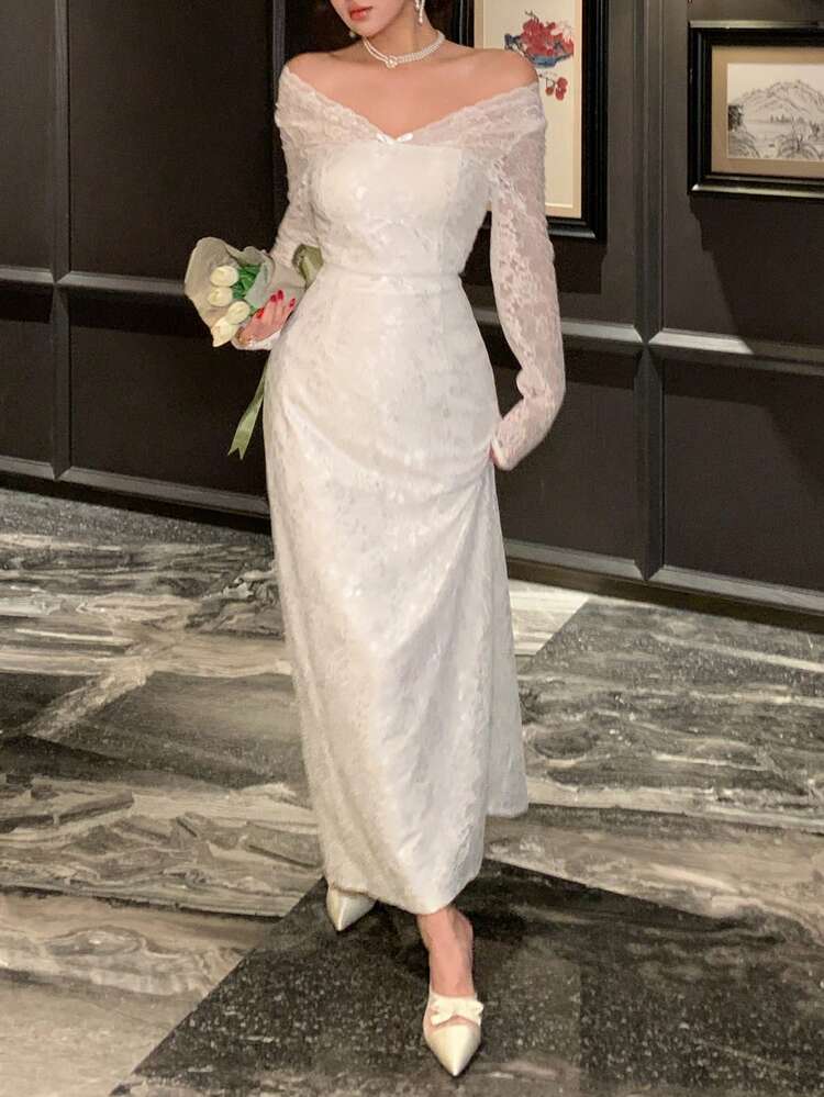 Women's Floral Lace Patchwork V-Neck Long Sleeve Jacquard Elegant Dress