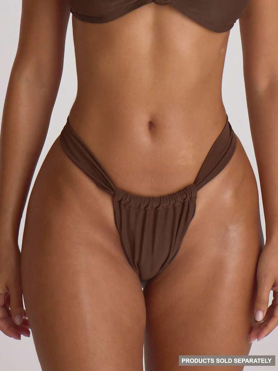 Musera Resort 厚肩带褶皱性感比基尼泳裤，适合度假、夏季旅行、海滩度假等场合，纯色泳装，休闲百搭。 - 棕色 - 查看 1
