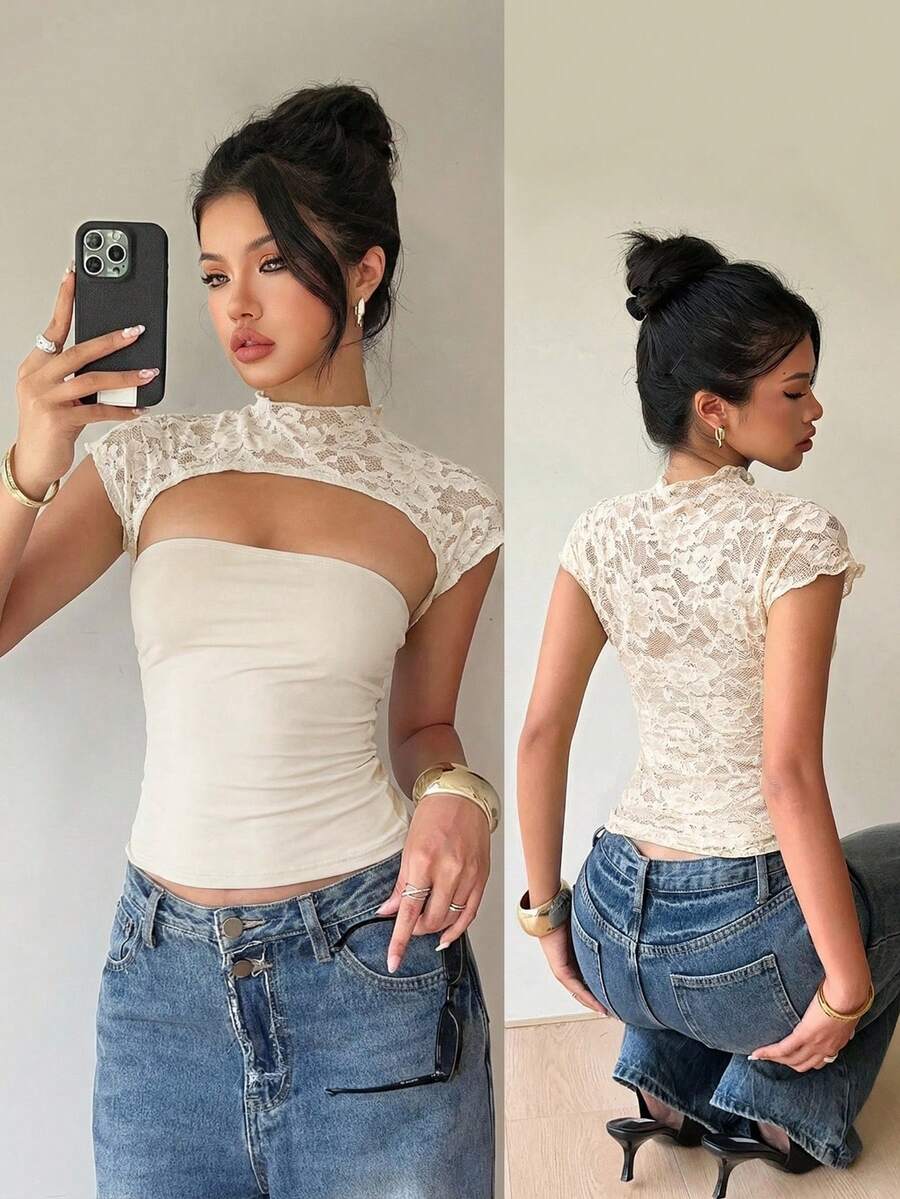 Siren Gaze Women's Lace Patchwork Hollow Out Blouse, Summer - Apricot - View 1