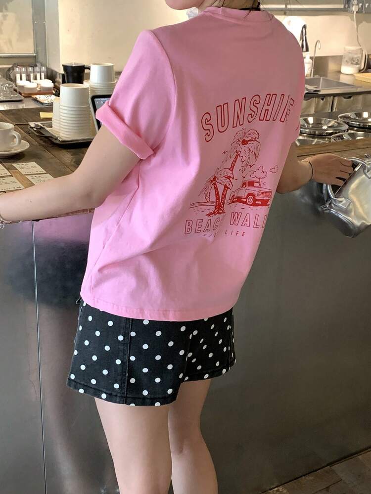 Women's Round Neck Korean Style Short Sleeve Printed T-Shirt Oversized