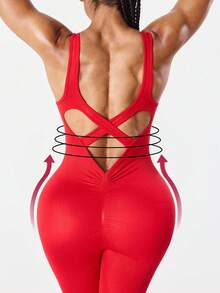Dewbera 女士无缝红色运动连体裤，无袖交叉绑带心形镂空瑜伽健身裤 - 紅色 - 查看 2