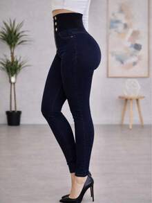 Pantalón de Mezctilla Tipo Costillero Ajustado.  Stretch.  Mezclilla Suave y Elástica - Azul Marino - Ver 4