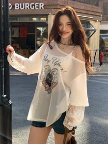 DAZY Women's Oblique Shoulder Korean Style Mesh Long Sleeve Printed Blouse - White - View 8