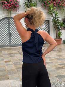 Jeta Ari 杏色垂墜領口綁帶簡約優雅女士背心 - 藏蓝色 - 查看 3