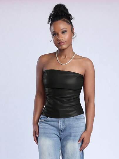 Steph T 女士黑色皮革上衣时尚褶皱不对称下摆抹胸，适合外出和派对上衣，女士夏季服装，音乐节/音乐会女士服装