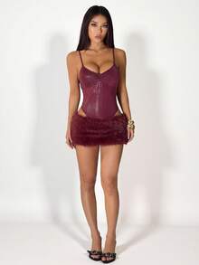 SHEIN PETITE 女士性感鳄鱼纹吊带连体裤和蓬松迷你裙两件套，夏季 - 酒紅色 - 查看 6