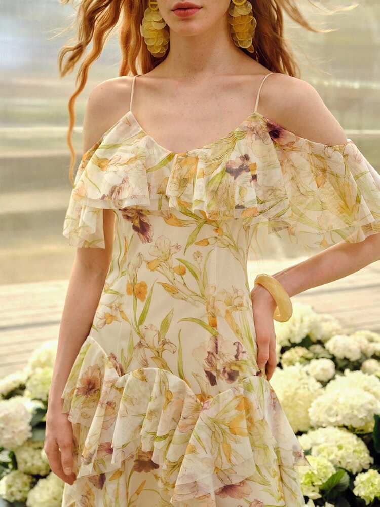 WOMEN'S ROMANTIC FLORAL PRINT RUFFLE HEM LONG DRESS, SPRING/SUMMER